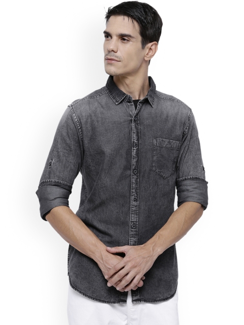 

LOCOMOTIVE Men Charcoal Grey Slim Fit Faded Denim Shirt