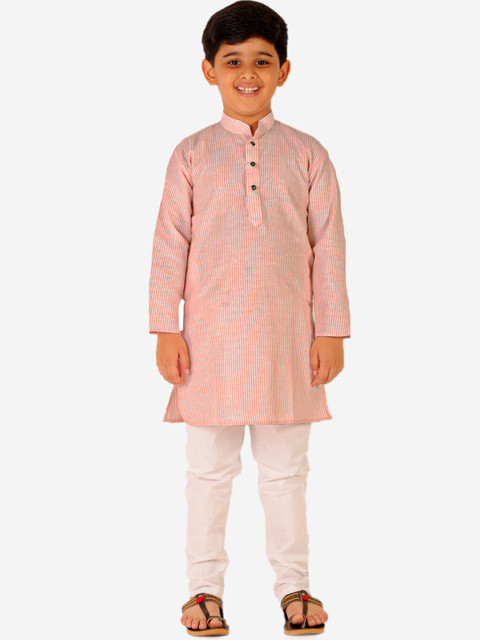 

Pro-Ethic STYLE DEVELOPER Boys Peach-Coloured Striped Pure Cotton Kurta with Pyjamas