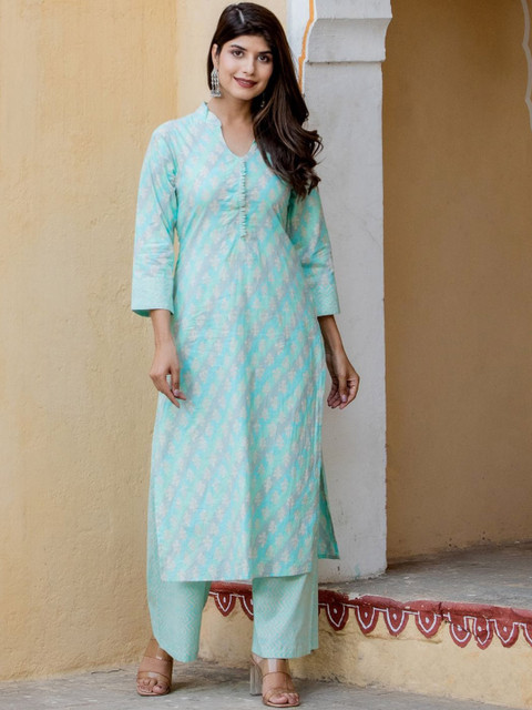

HOUSE OF JAMOTI Women Turquoise Blue Floral Printed Kurta with Palazzo Set