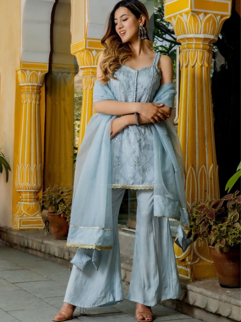 

HOUSE OF JAMOTI Women Grey Embroidered Thread Work Kurta with Palazzo & With Dupatta