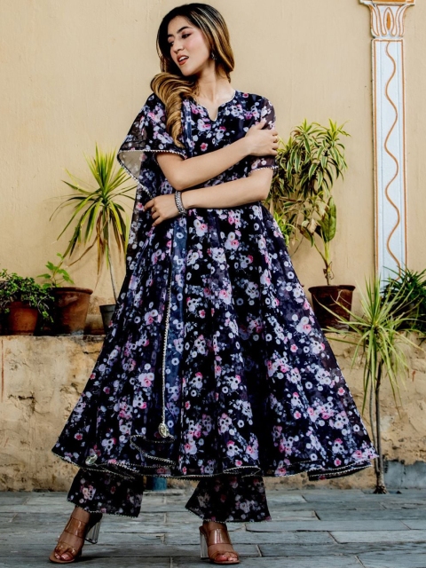 

HOUSE OF JAMOTI Women Black Floral Printed Kurta with Palazzos & With Dupatta