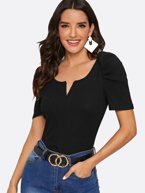

LONDON BELLY Women Black Keyhole Neck Puff Sleeves Top