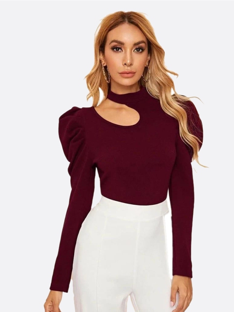 

LONDON BELLY Women Maroon Solid High Neck Long Sleeves Top