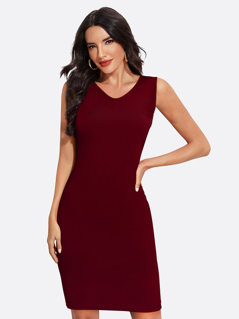 

LONDON BELLY Women Maroon Solid Sleeveless Bodycon Dress