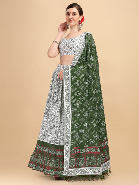 

Amrutam Fab White & Green Printed Semi-Stitched Lehenga & Unstitched Blouse With Dupatta