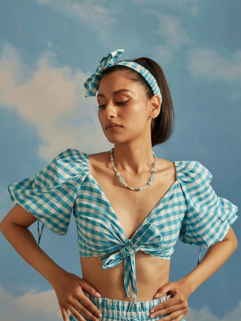 

THE CLOTHING FACTORY Women Checked Cotton Crop Top, Blue