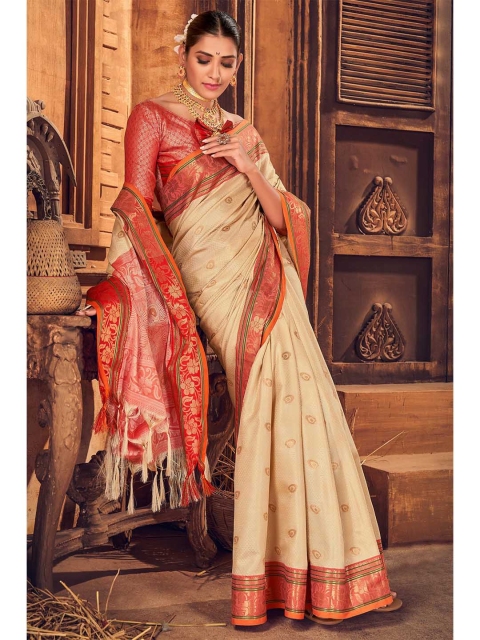 

KARAGIRI Cream-Coloured & Red Woven Design Art Silk Saree