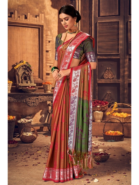

KARAGIRI Brown & Green Woven Design Zari Art Silk Saree