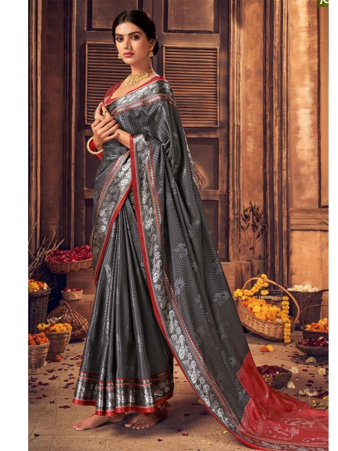 

KARAGIRI Grey & Orange Woven Design Zari Art Silk Saree