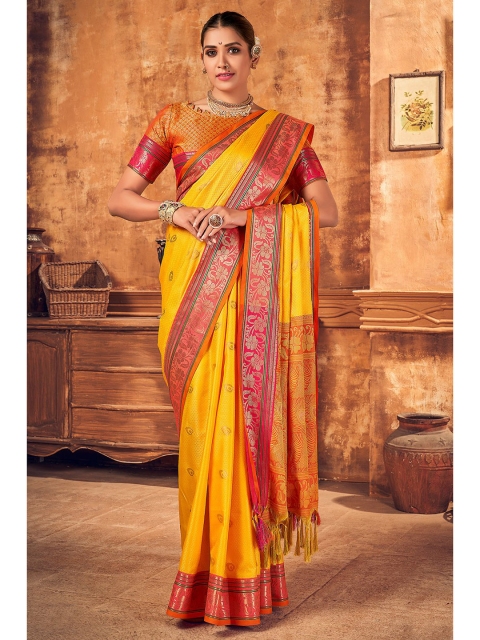 

KARAGIRI Yellow & Red Woven Design Zari Art Silk Saree