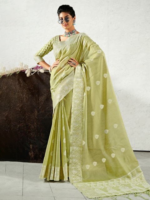 

KARAGIRI Green & Silver-Toned Woven Design Zari Linen Blend Saree