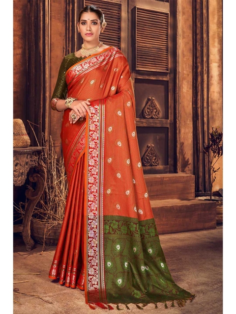 

KARAGIRI Orange & Green Ethnic Motifs Zari Art Silk Saree