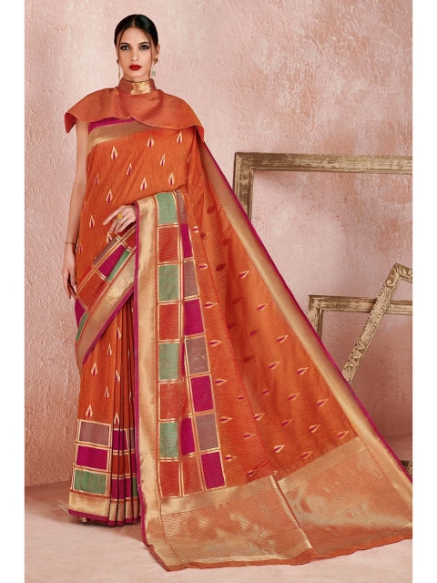 

KARAGIRI Orange & Green Ethnic Motifs Zari Linen Blend Saree