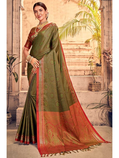 

KARAGIRI Green & Red Ethnic Motifs Zari Art Silk Saree