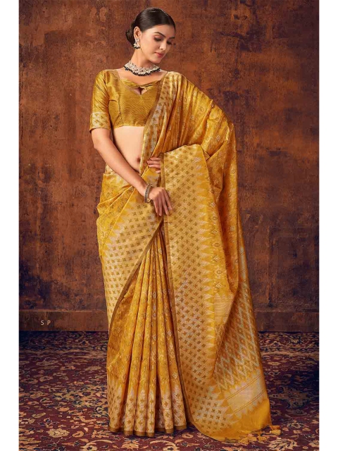 

KARAGIRI Yellow & Gold-Toned Ethnic Motifs Zari Saree