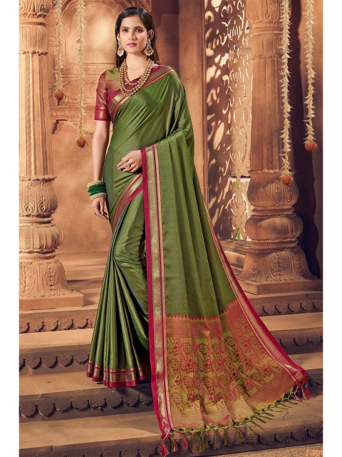 

KARAGIRI Green & Red Ethnic Motifs Zari Art Silk Saree