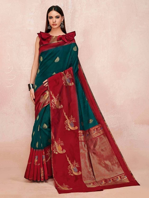 

KARAGIRI Green & Red Ethnic Motifs Zari Linen Blend Saree