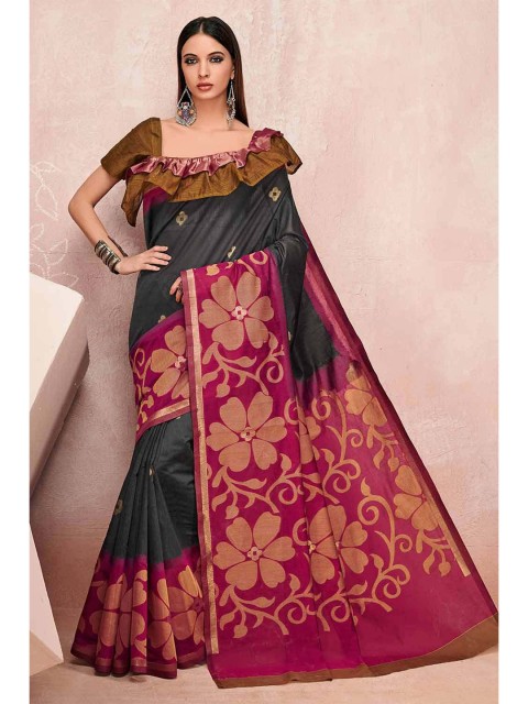 

KARAGIRI Grey & Pink Floral Zari Linen Blend Saree
