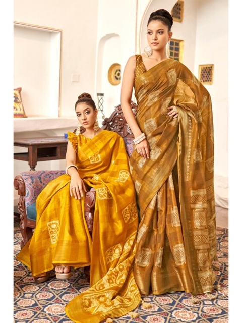

KARAGIRI Yellow & Gold-Toned Floral Zari Saree