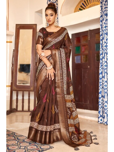 

KARAGIRI Brown & Gold-Toned Ethnic Motifs Zari Saree