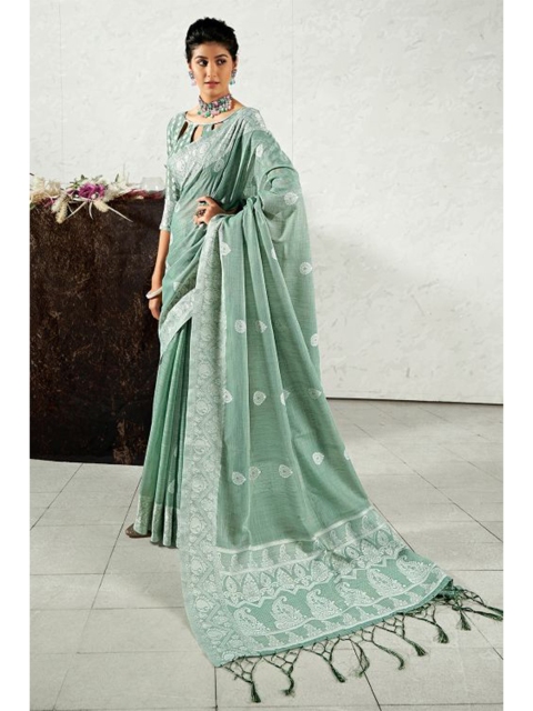 

KARAGIRI Green & Off White Ethnic Motifs Linen Blend Saree