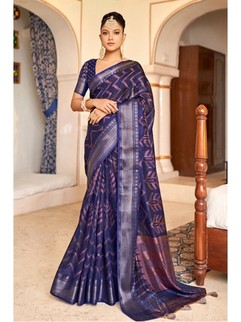

KARAGIRI Blue & Silver-Toned Geometric Zari Saree
