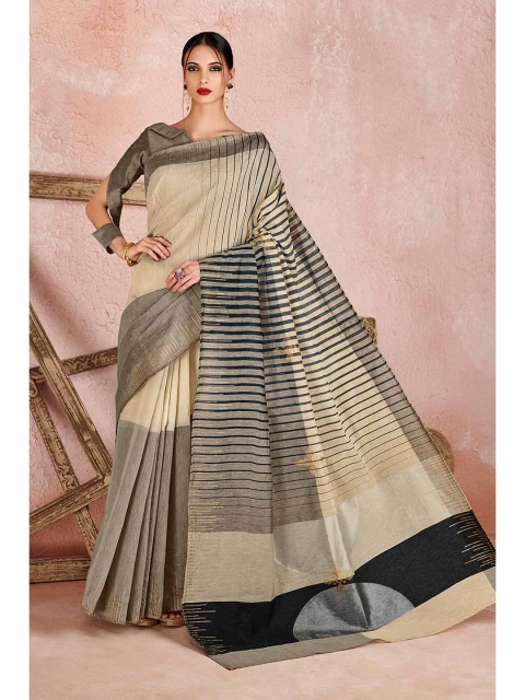

KARAGIRI Cream-Coloured & Black Striped Linen Blend Saree