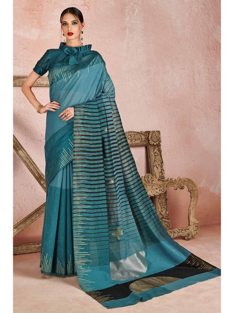 

KARAGIRI Blue & Gold-Toned Striped Zari Linen Blend Saree