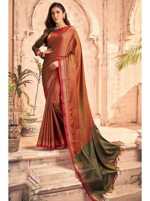 

KARAGIRI Red & Green Ethnic Motifs Zari Art Silk Saree
