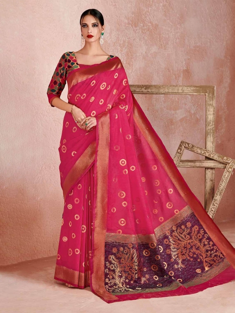 

KARAGIRI Pink & Gold-Toned Zari Linen Blend Saree