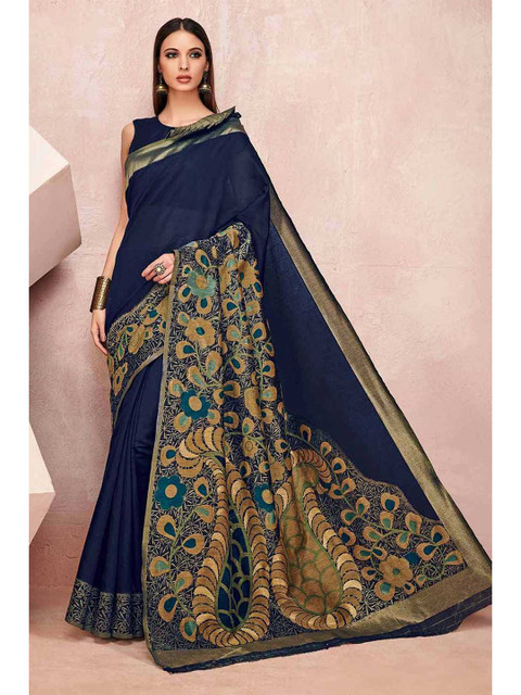 

KARAGIRI Blue & Beige Ethnic Motifs Zari Linen Blend Saree