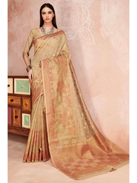 

KARAGIRI Cream-Coloured & Copper-Toned Floral Zari Linen Blend Saree