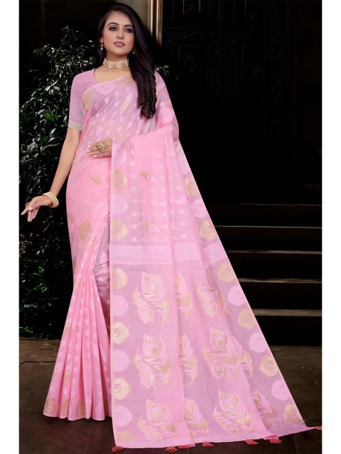 

KARAGIRI Pink & Gold-Toned Ethnic Motifs Zari Saree