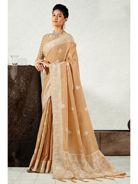 

KARAGIRI Beige & Off White Ethnic Motifs Linen Blend Saree