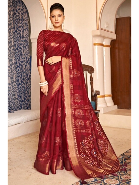 

KARAGIRI Red & Gold-Toned Ethnic Motifs Zari Saree