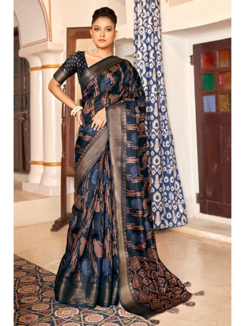 

KARAGIRI Blue & Gold-Toned Ethnic Motifs Zari Saree
