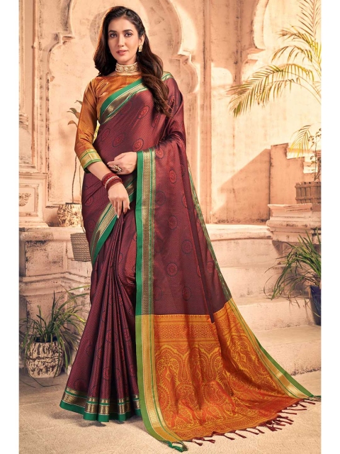 

KARAGIRI Brown & Green Ethnic Motifs Zari Art Silk Saree