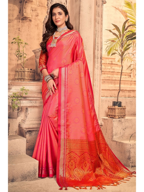 

KARAGIRI Pink & Red Ethnic Motifs Zari Art Silk Saree