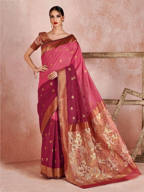 

KARAGIRI Pink & Gold-Toned Woven Design Zari Linen Blend Saree