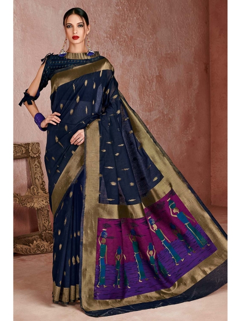 

KARAGIRI Blue & Purple Ethnic Motifs Zari Linen Blend Saree