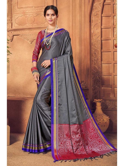 

KARAGIRI Grey & Pink Ethnic Motifs Zari Art Silk Saree
