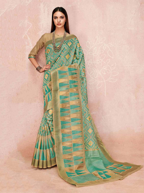 

KARAGIRI Blue & Gold-Toned Ethnic Motifs Zari Linen Blend Saree