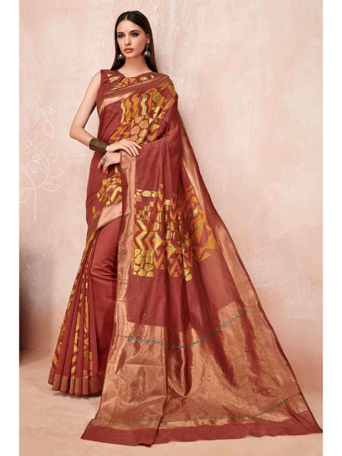 

KARAGIRI Brown & Gold-Toned Ethnic Motifs Zari Linen Blend Saree