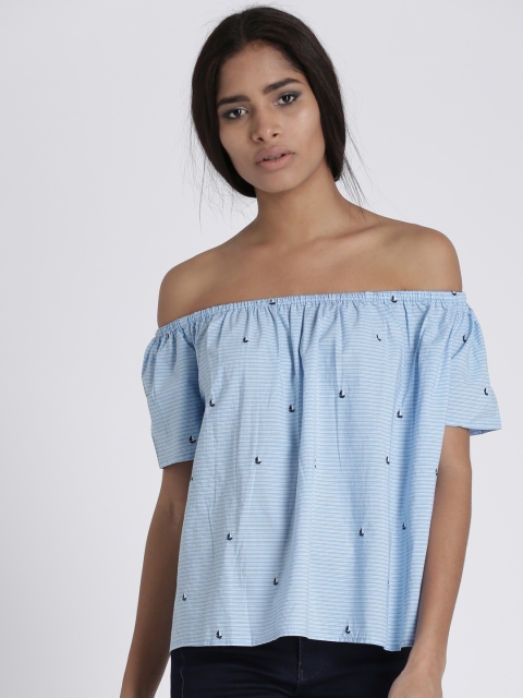 

Chemistry Women Blue Striped Embroidered Bardot Top