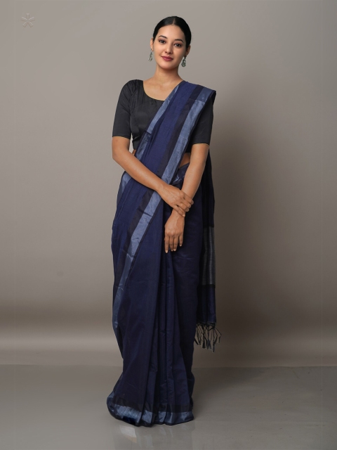 

Unnati Silks Navy Blue & Silver-Toned Zari Chanderi Saree