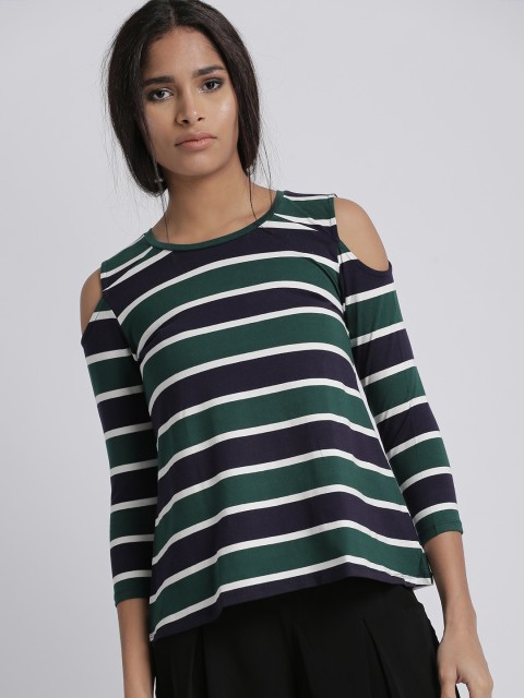 

Chemistry Women Green & Navy Blue Self-Design A-Line T-shirt, Olive