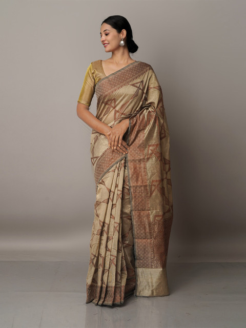 

Unnati Silks Brown & Green Woven Design Silk Cotton Chanderi Saree