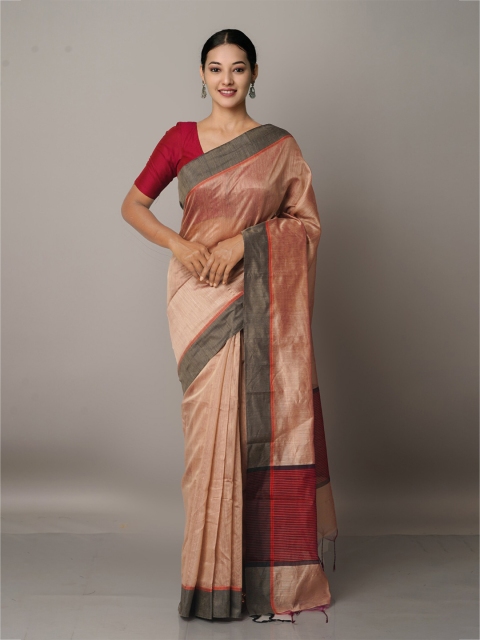 

Unnati Silks Cream-Coloured & Red Woven Design Silk Cotton Chanderi Saree