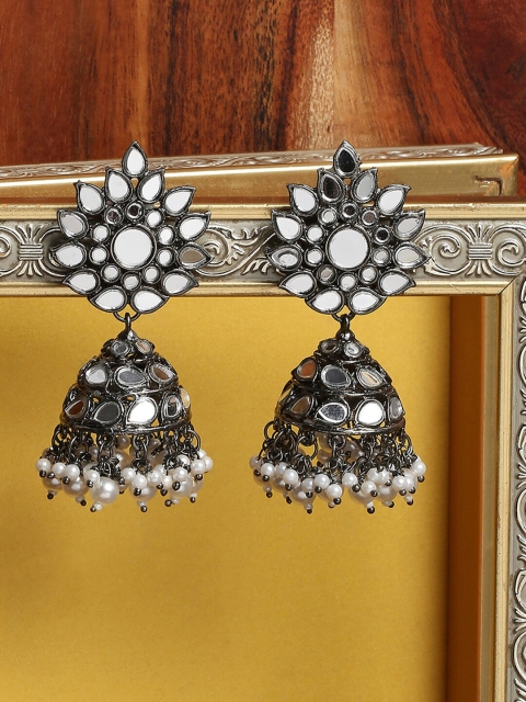 

VATSALYA creation Black & White Silver-Plated Contemporary Jhumkas Earrings