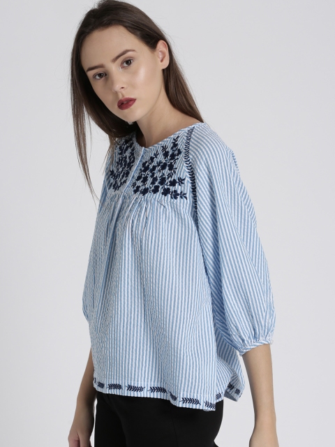 

Chemistry Women Blue & White Striped Embroidered A-Line Top